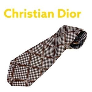 christan Dior Vintage Trendy Brown & White Novelty Print Neck Tie Retro